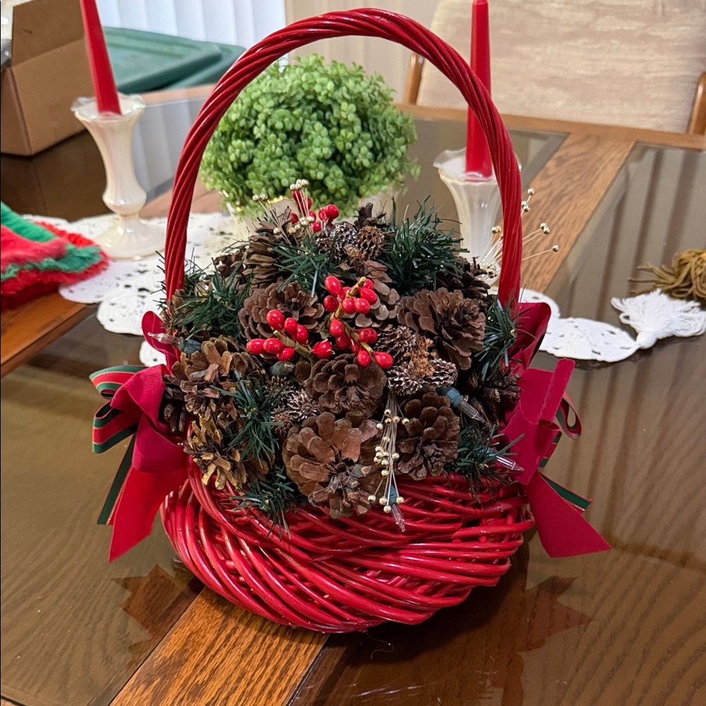 Festive Red Holiday Basket with Pinecones and Berries